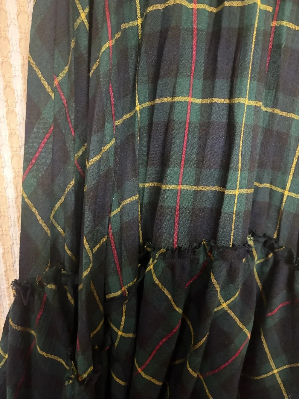 Plaid Green Asymmetric Maxi pleated Skirt
